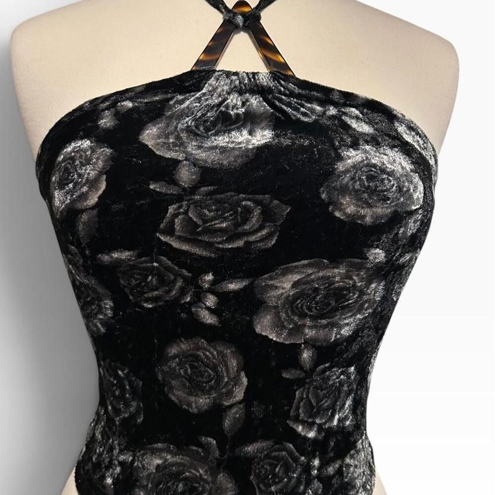 Vintage Y2K Whimsigoth Chrome Rose Velvet Halter Top Size XS